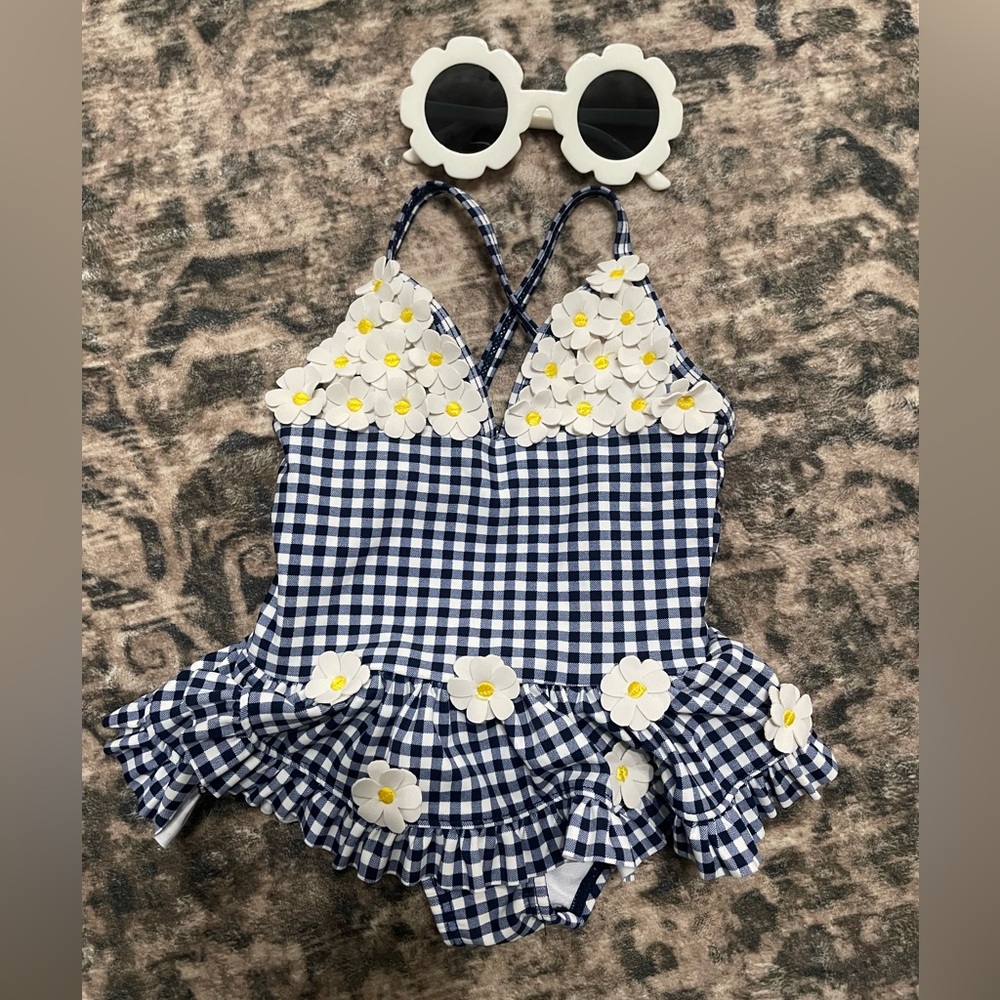 Little Me Navy Gingham Swimsuit with Floral Details and Sunglasses